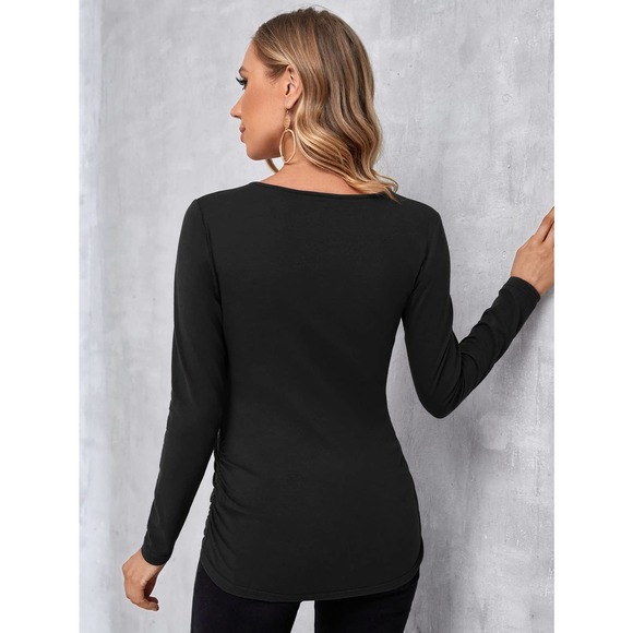 Maternity Solid Nursing v neck long sleeve Tee tie front black - Picture 2 of 11